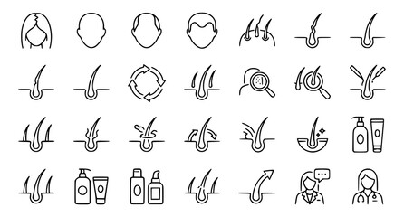 Obraz premium Hair Transplant Procedure and Scalp Treatment Line Icon Collection Set