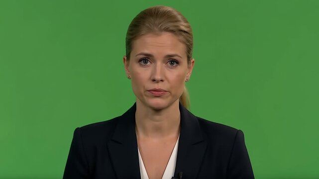 Confident Woman in Professional Attire Speaking Directly to Camera, Engaging Audience with Clear Message, Studio Setting