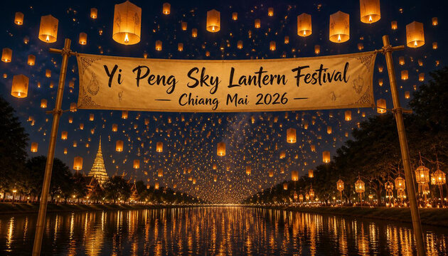 Stunning yi peng sky lantern festival in chiang mai 2026 with thousands of glowing lanterns floating in the night sky above a reflective river