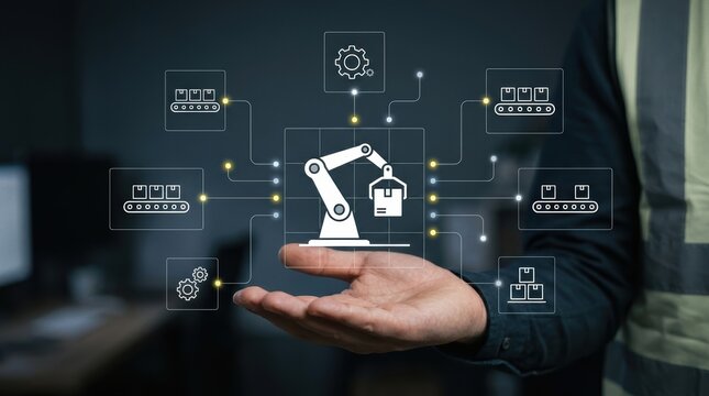 Businessman holding digital interface displaying robotic arm for smart factory automation, industry 4.0, manufacturing technology, supply chain, digital modern technology business concept