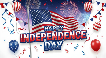 Obraz premium Happy independence day festive design with american flag, balloons, party streamers and firework background