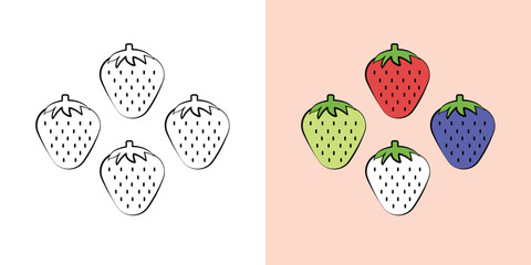 Colorful strawberry fruit vector illustration set. Cute outline strawberry icon bundle for coloring page. Flat design red green blue white berry asset. © jarst