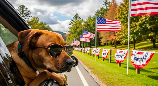 Dog wearing sunglasses leaning out of car window during fourth of july celebration road trip with sunglasses