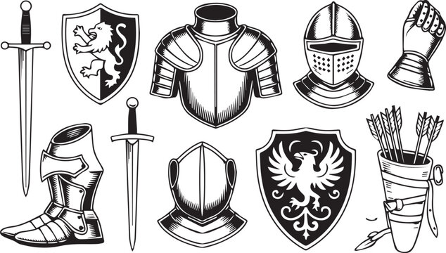 medieval armor and weapons set including swords and shields