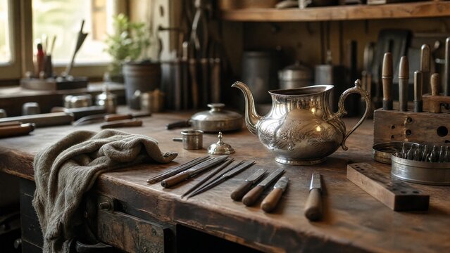 Silversmith's wooden workbench with tools and a gleaming silver teapot in progress, soft window light.
