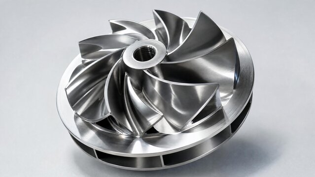 Stainless steel impeller with metallic reflections under industrial lighting.