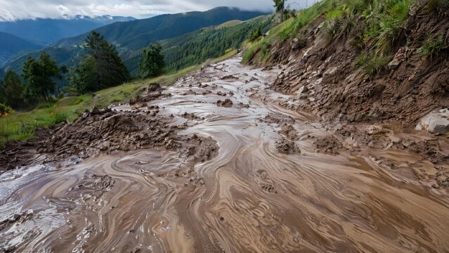 Muddy slurry flowing down a hillside, creating viscous patterns in natural daylight.