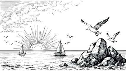 Vintage engraved ocean landscape illustration featuring sailboats on calm sea water at sunset with flying seagulls around rocky coast © AMELIA