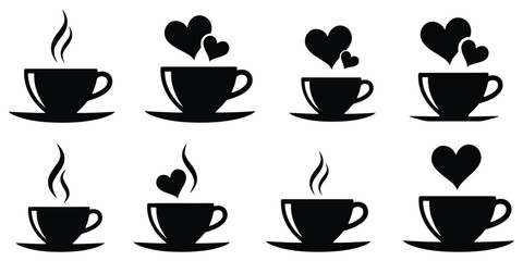 Fototapeta premium Coffee cup icon set featuring black hot drink silhouettes with steam lines and love hearts for Cafe menu design