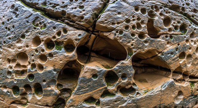 Close up of weathered rock surface with natural erosion pits