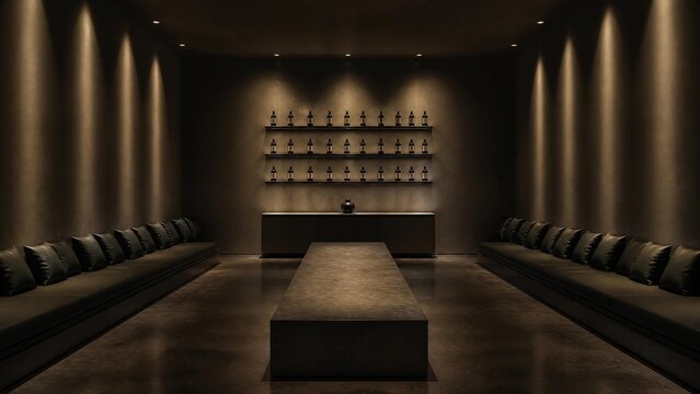 Dim room with repetitively arranged identical objects creating obsessive symmetrical pattern.