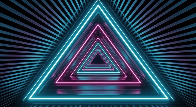 Futuristic Neon Triangle Tunnel with Cyan and Pink Glowing Lights Abstract Sci-Fi Background