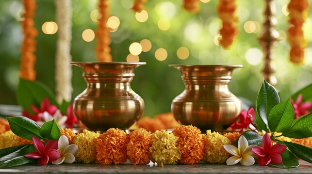 Traditional Hindu Festival Decor with Copper Kalash, Marigold Garland and Mango Leaves Banner. for Ugadi, Gudi Padva, Hindu New Year, Diwali, Onam, Pongal