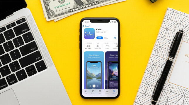 Smartphone displaying the Calm meditation and sleep app in the Apple App Store in a bright yellow flat lay workspace environment with a laptop, dollar bills, a pen, and a patterned notebook.