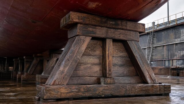 Massive wooden ship chock supporting a hull in a dry dock, industrial maritime setting.