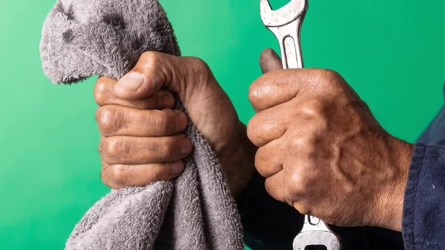 Closeup of weathered hands holding a grey damp cloth and a metal wrench, signifying manual labor and repair work against a vibrant green background.