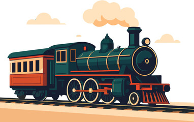 Vintage steam locomotive pulling passenger cars along a railway track with smoke billowing from its chimney. © indri
