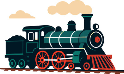 Vintage steam locomotive with red wheels and a coal tender, emitting smoke, on a railway track. © indri