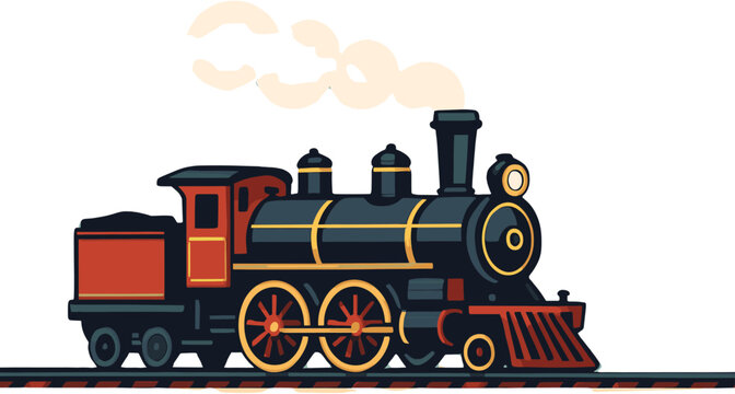 A classic steam locomotive with red accents, emitting smoke as it travels along a railway track.