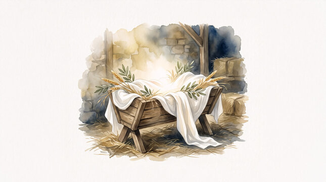 Glowing empty manger inside rustic Bethlehem stable watercolor