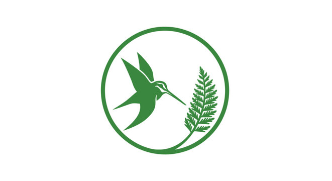 Hummingbird and fern leaf circular logo design.
