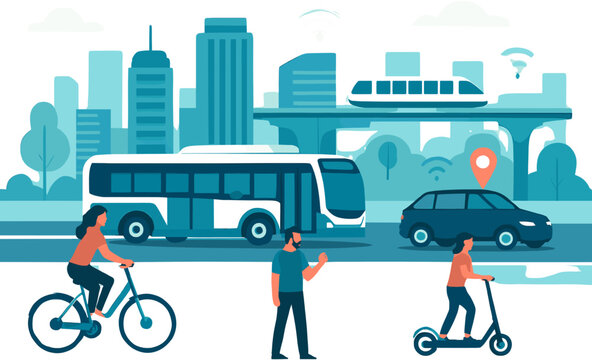 Diverse urban transportation modes including bicycles, electric scooters, buses, cars, and monorails in a modern city skyline.