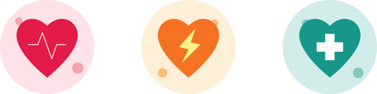 Medical heart icons set with heartbeat line, lightning bolt, and cross symbols. Healthcare cardiology vector illustrations for emergency and wellness apps.