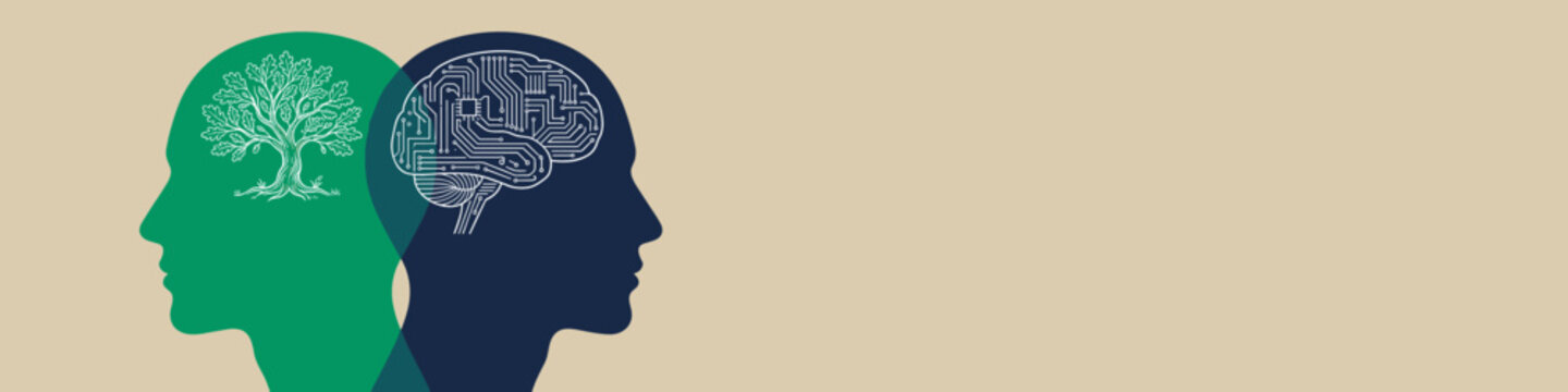 Two human head silhouettes, one green with a tree inside representing nature and growth, the other blue with a brain symbolizing intellect and thought, against a light background.