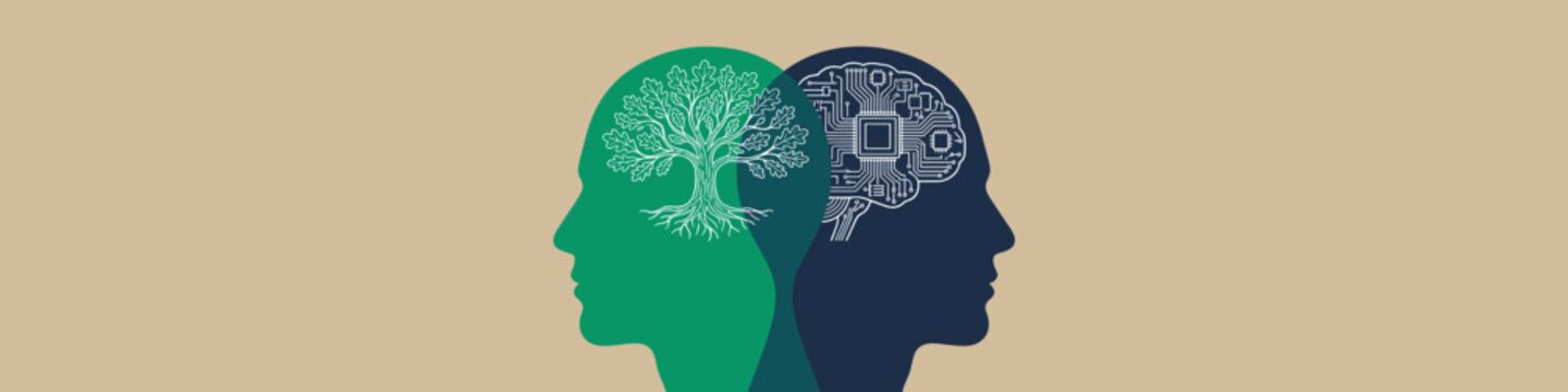 Illustration depicting two human head silhouettes, one green with a tree inside representing nature, and the other blue with a circuit board representing technology, on a beige background.