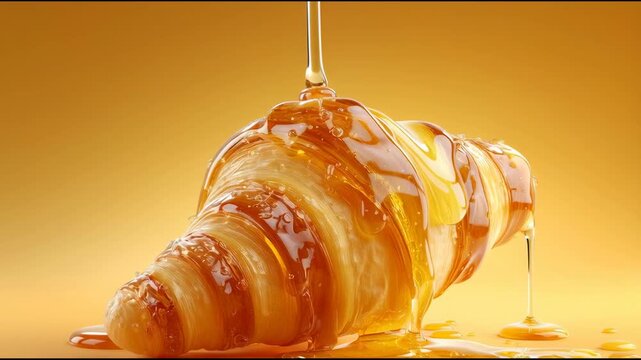Golden croissant generously drizzled with flowing honey on a warm yellow background