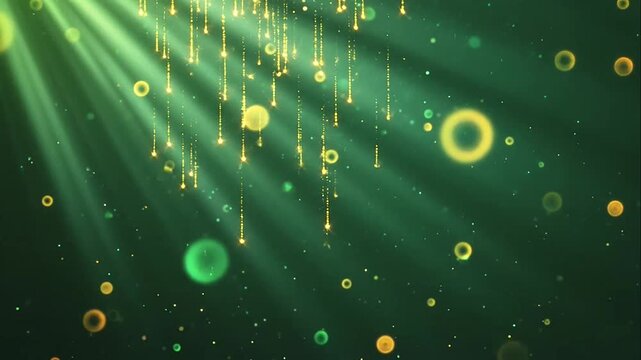 Abstract green background with golden light rays and sparkling bokeh particles