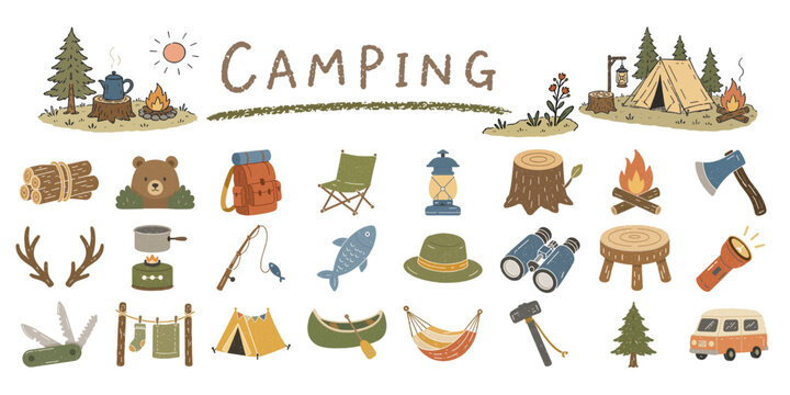 キャンプ用品とアウトドアアイコンのイラストセット／Camping、Outdoor icons、Camp gear