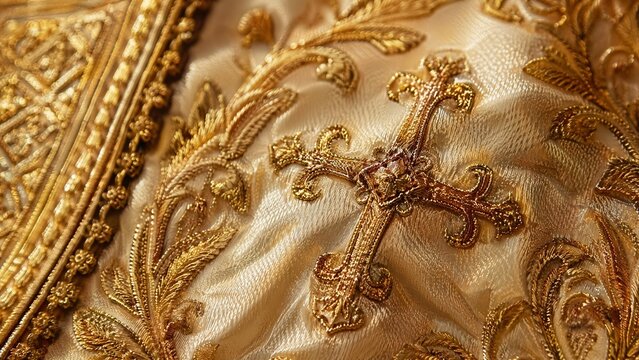 Extreme close-up of intricate gold embroidery on heavy liturgical silk fabric.
