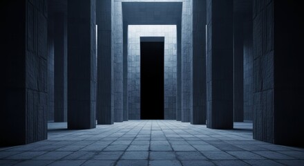 Fototapeta premium Cinematic Brutalist Architecture Hall with Massive Stone Pillars and Dark Mysterious Doorway in Blue Light