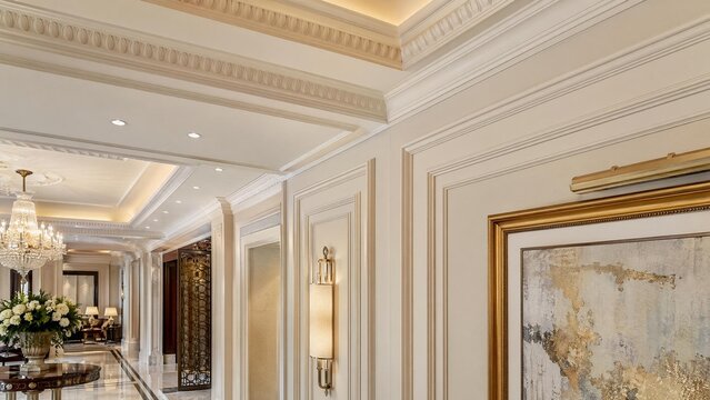 Decorative molding where ceiling and wall meet in an elegant joint.