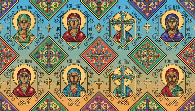 Intricate Byzantine-style religious icons and geometric patterns in a repeating seamless background design.