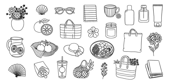 Summer Lifestyle Doodle Line Art Icon Set for Branding Sticker Minimal Aesthetic