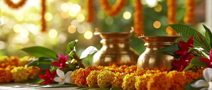 Traditional Hindu Festival Decor with Copper Kalash, Marigold Garland and Mango Leaves Banner. for Ugadi, Gudi Padva, Hindu New Year, Diwali, Onam, Pongal