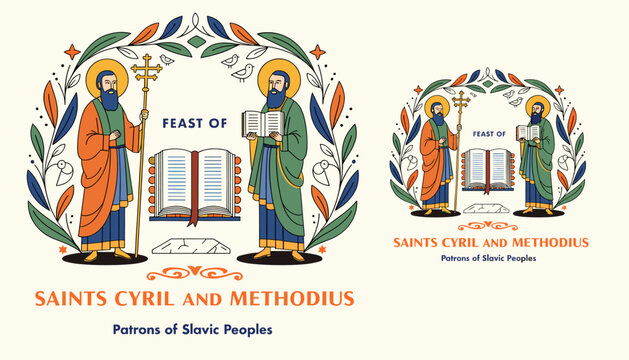 Illustration celebrating Saints Cyril and Methodius, patrons of Slavic peoples, featuring their icons, a bible, and decorative foliage.