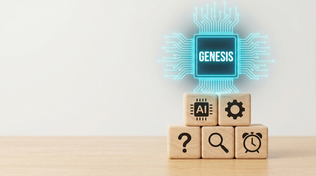Glowing digital genesis microchip floating above wooden blocks with icons on a light wooden table