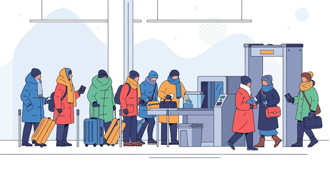 People in winter coats with luggage at airport security check