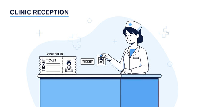 Nurse at Clinic Reception Handing Out Visitor Tickets