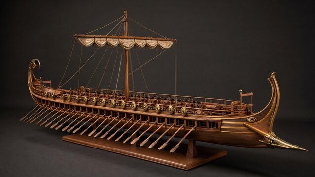 Detailed wooden model of an ancient trireme warship with rows of oars.