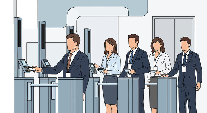 Office workers queuing at digital entry gates, modern business concept.
