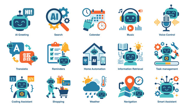 AI assistant usage icons displaying greeting, search, calendar scheduling, music playback, voice control, translation, reminders, home automation, information retrieval, task management, coding, shopp