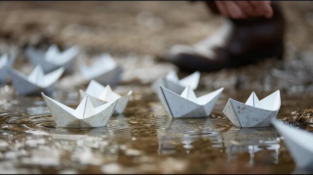 Hand launching paper boats on a shallow stream, symbolizing childhood and play