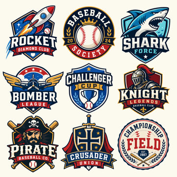 A collection of nine vintage sports team logos and emblems featuring various themes like rockets, sharks, knights, pirates, and baseball.