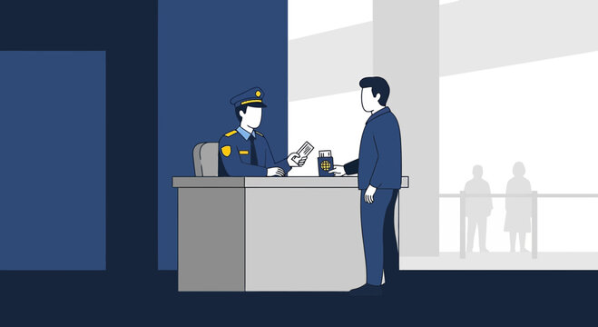 Passport Control Officer Checking Traveler's Documents at Border