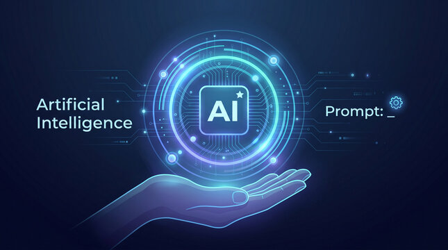 Glowing artificial intelligence icon floating above a digital human hand in a dark blue background