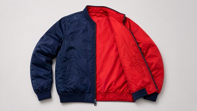 A reversible jacket lying on a plain surface, one side blue and the other red.